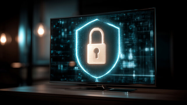 Lock icon on a large display standing for data protection and cyber safety, representing secure access, privacy compliance, and trusted information systems.
