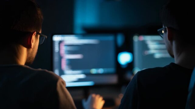 Two programmers coding in a dark room with computer screens glowing softly at night