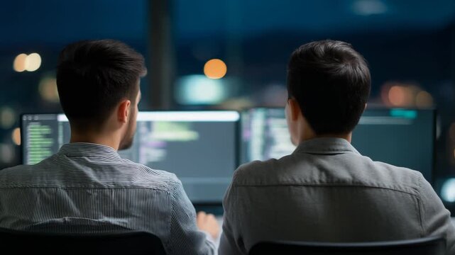 Two software developers collaborating at night with computer screens displaying code in a modern office environment