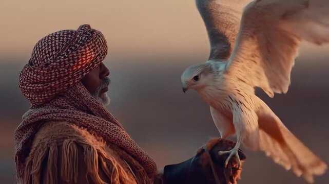 Man with falcon against neutral background symbolic representation concept