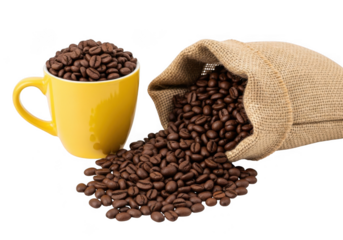 A bright yellow coffee mug filled with roasted coffee beans, next to a burlap sack spilling its contents onto a white surface, isolated on transparent background