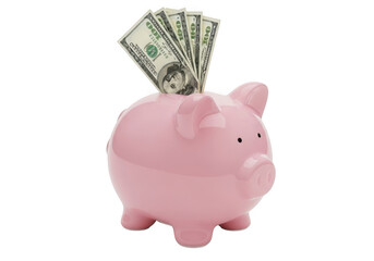 A pink piggy bank with us dollar bills inserted into the slot, isolated on transparent background