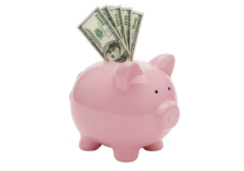 A pink piggy bank with us dollar bills inserted into the slot, isolated on transparent background
