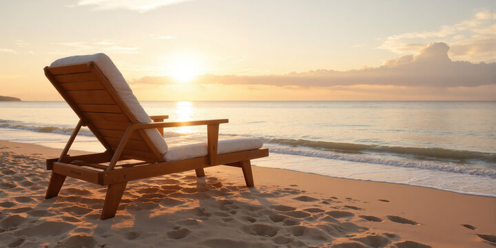 Empty Beach Chair Invitation Single wooden lounge chair with white cushion positioned perfectly on pristine beach facing calm ocean at