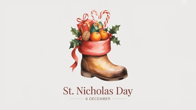 St. Nicholas Day Boot Filled with Gifts and Candies Watercolor