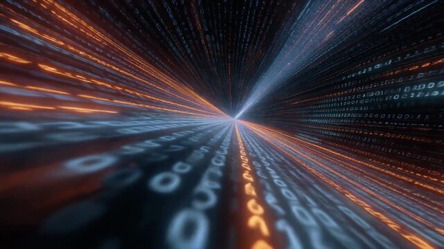 Dynamic digital data stream with glowing binary code in futuristic perspective view