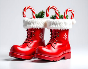 Festive Holiday Boots Red Santa-style winter boots with candy canes, ready for Christmas joy, on white background