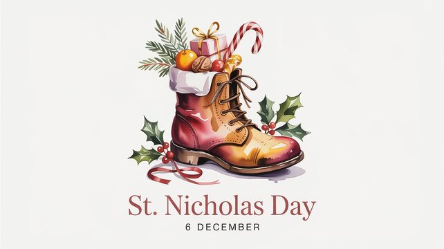 St. Nicholas Day Boot Filled with Gifts and Candies Watercolor