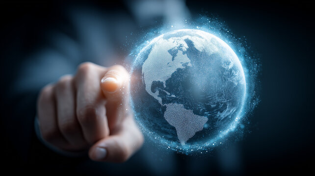 Human finger interacting with a digital globe, symbolizing global connectivity and data driven decision making across markets, geospatial analytics, 