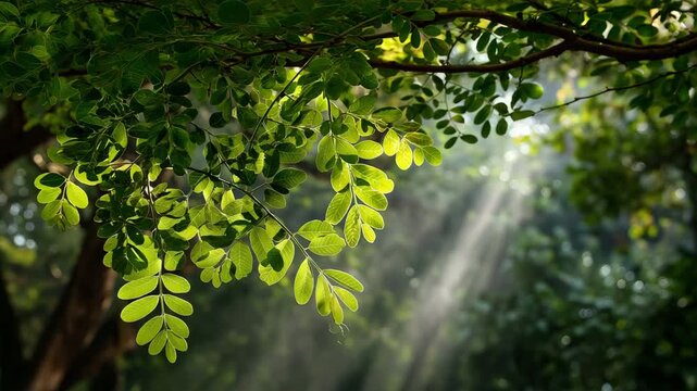 Overhanging branches of a moringa tree in a subtropical area with abundant sunshine filtering through luxuriant foliage