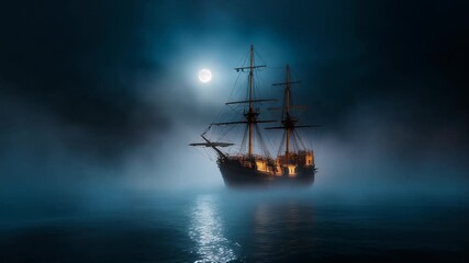 Mysterious ship sailing through fog under a glowing full moon at night - Powered by Adobe