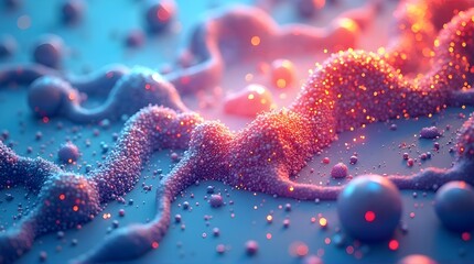 Stunning abstract microbiology concept with textured forms and glowing particles, a vibrant and dynamic visualization of scientific exploration, perfect for modern tech branding