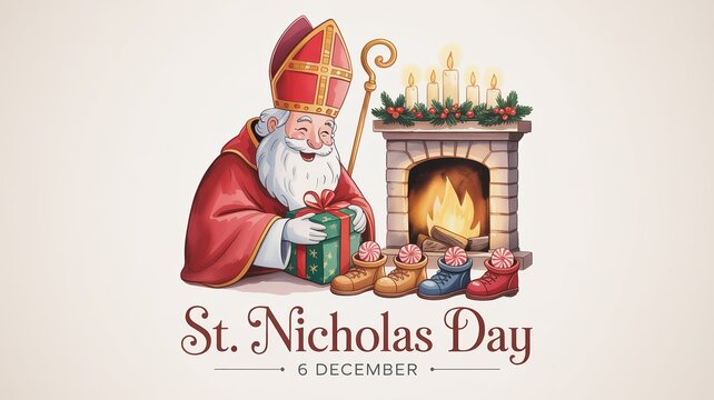 St. Nicholas Day with Fireplace, Gift, and Shoes Watercolor