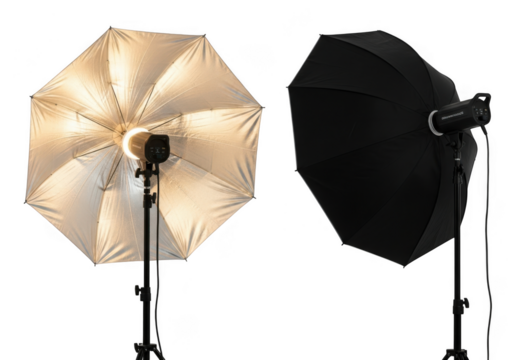 Two studio lighting umbrellas, one silver and one black, isolated on transparent background