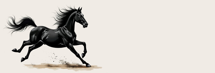 Graceful horse in motion on a plain beige background, evoking the spirit of strength and vitality. Minimalist ink art concept tied to Chinese zodiac symbolism. New Year banner with copy space