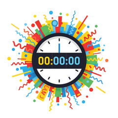A colorful illustration of a clock with a digital timer showing zeros, surrounded by festive confetti and abstract shapes, symbolizing a new beginning or event.