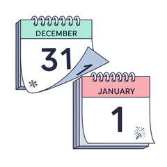 Illustration of two calendars showing December 31st turning to January 1st, symbolizing New Year's Eve and New Year's Day.