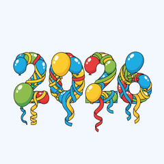 Colorful 2026 number made from festive balloons and ribbons, celebrating the new year.