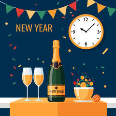 A festive illustration of a New Year's Eve celebration with champagne, flutes, a clock nearing midnight, and colorful decorations.