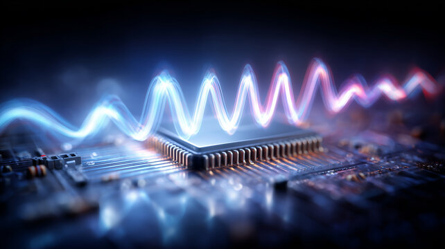 Energy waveform traveling across a microchip, illustrating high performance computing, signal processing, and AI acceleration that powers modern products and intelligent services.
