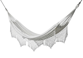 A white hammock with fringe detail, suspended and isolated on a transparent background