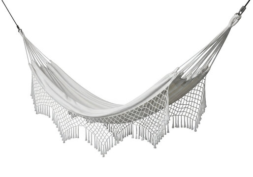 A white hammock with fringe detail, suspended and isolated on a transparent background