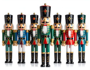 A vibrant collection of traditional wooden nutcracker figures arranged in a festive display against a clean white background, perfect for holiday seasonal decoration