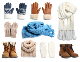 A collection of warm winter accessories including various styles of gloves, scarves, and boots isolated on a white background