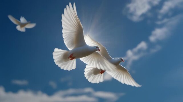 Majestic white doves flying against a clear blue sky with bright sunlight