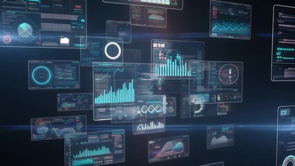 Digital data visualization screens displaying complex charts and graphs, representing information analysis and technology - Powered by Adobe