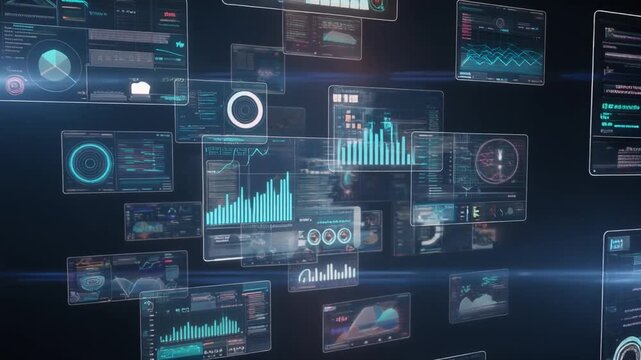 Digital data visualization screens displaying complex charts and graphs, representing information analysis and technology - Powered by Adobe