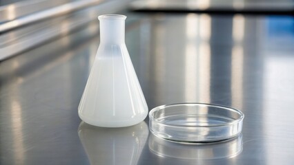 A laboratory scene featuring a glass flask containing liquid next to a petri dish on a reflective surface.