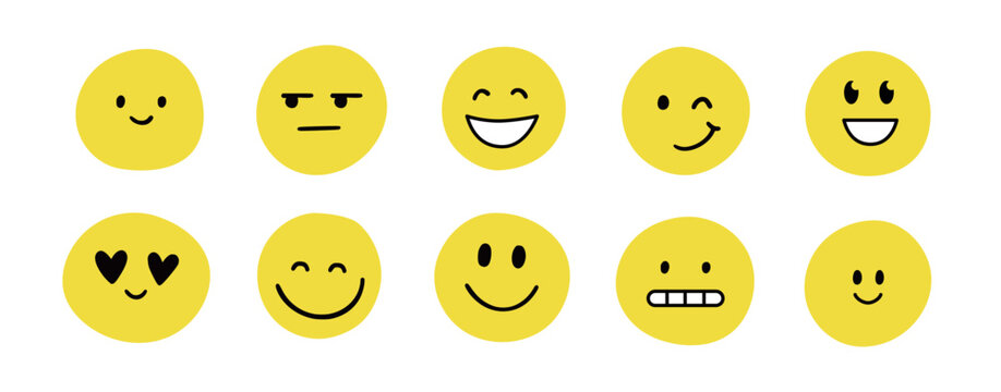 Face smile emoji doodle icon sticker set. Cute kid doodle hand drawn style funny face emoji smile, happy, sad mood sticker. Funny cartoon emoticon hand drawn character. Vector illustration