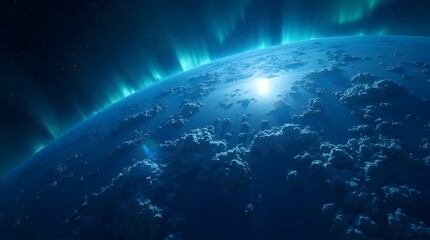 Dreamy blue planet with ethereal aurora lights and fluffy clouds, perfect for science fiction book covers or inspirational space travel posters, evoking wonder and limitless possibilities