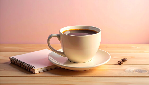 A cup of coffee and a notebook on a wooden table. - Powered by Adobe