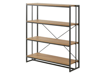 A modern industrial style fourtier bookshelf with a black metal frame and natural wood shelves, isolated on a transparent background