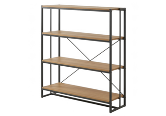 A modern industrial style fourtier bookshelf with a black metal frame and natural wood shelves, isolated on a transparent background