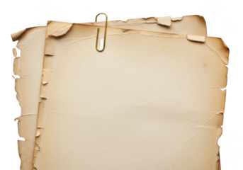A stack of old, torn, and yellowed paper sheets held together by a single metal paperclip, isolated on a transparent background