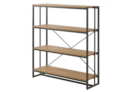 A modern industrial style fourtier bookshelf with a black metal frame and natural wood shelves, isolated on a transparent background - Powered by Adobe