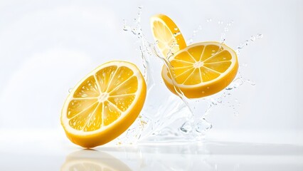 Juicy citrus explosion with halved lemons falling into pure water, capturing a vibrant moment of freshness and vitality on a clean white background