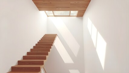 Modern architectural interior with elegant wooden staircase under a bright skylight, showcasing natural light and clean minimalist design on white walls