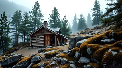 Rustic wooden log cabin nestled among pine trees on a foggy, moss-covered mountainside landscape