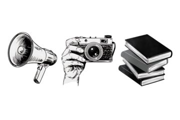 Visual representation of communication and knowledge with a megaphone camera and stack of books on a black background