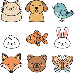 Fototapeta premium Cute Cartoon Animal Collection Cat, Dog, Bird, Fish, Bunny, Fox, Bear, Butterfly