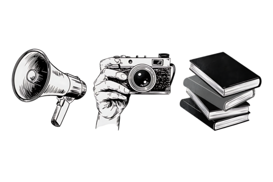 Visual representation of communication and knowledge with a megaphone camera and stack of books on a black background