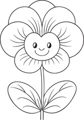 Cartoon pansy flower with smiling face outline, kids coloring page design for educational art activities