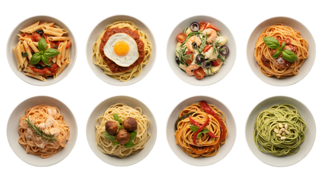 A vibrant overhead view of eight oval white dishes filled with various delicious and colorful pasta dishes against a dark background