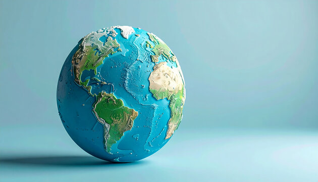 Detailed globe model with visible continents and oceans against a blue background.