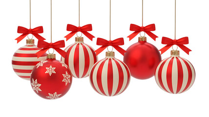 Collection of festive red and white striped christmas ornaments with red bows hanging against a dark background