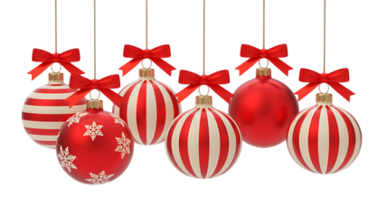 Collection of festive red and white striped christmas ornaments with red bows hanging against a dark background